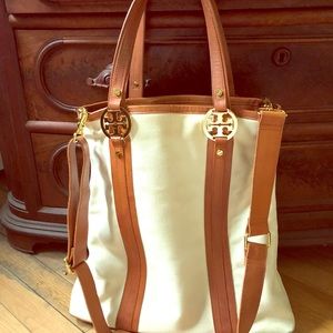 Tory Burch saddle leather and canvas tote